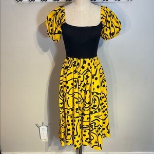 Vintage Black and Yellow Fit and Flare Midi Dress with Puff Sleeves